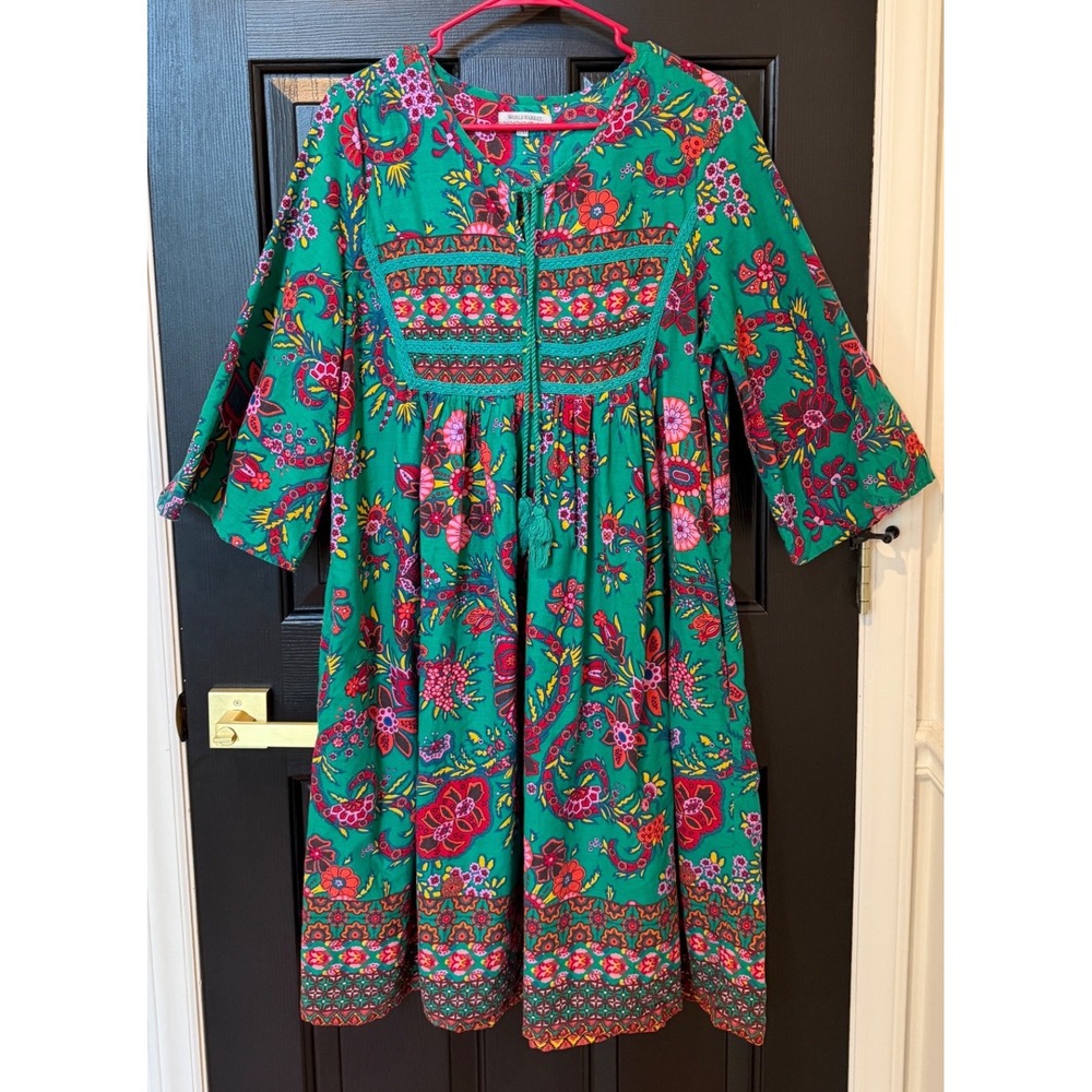 World Market Green Floral Cotton Boho Peasant Dress Tassel Bib L/XL